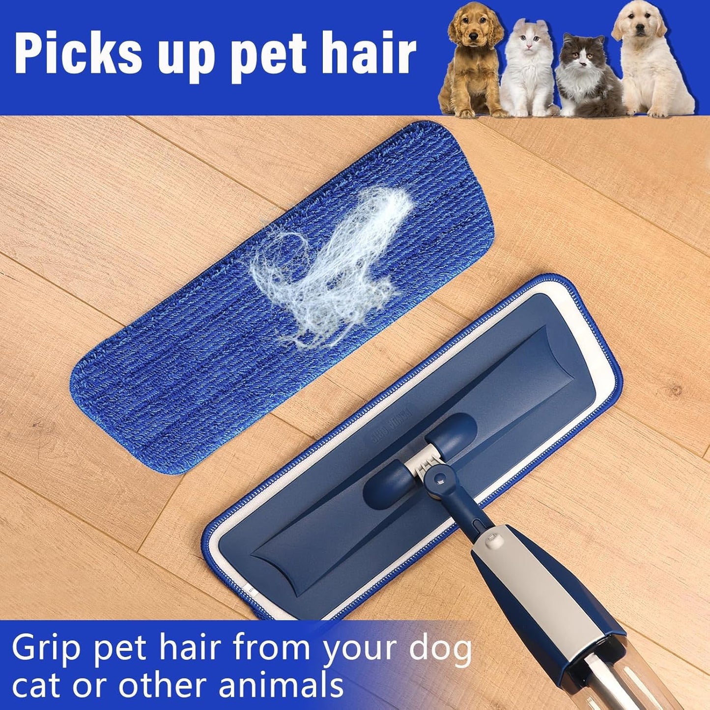 16.5 inch Mop Pads Refills, 3 Pack Microfiber Reusable Replacement Flat Replacements Heads for Wet Dry Floor Cleaning, Blue Cloth