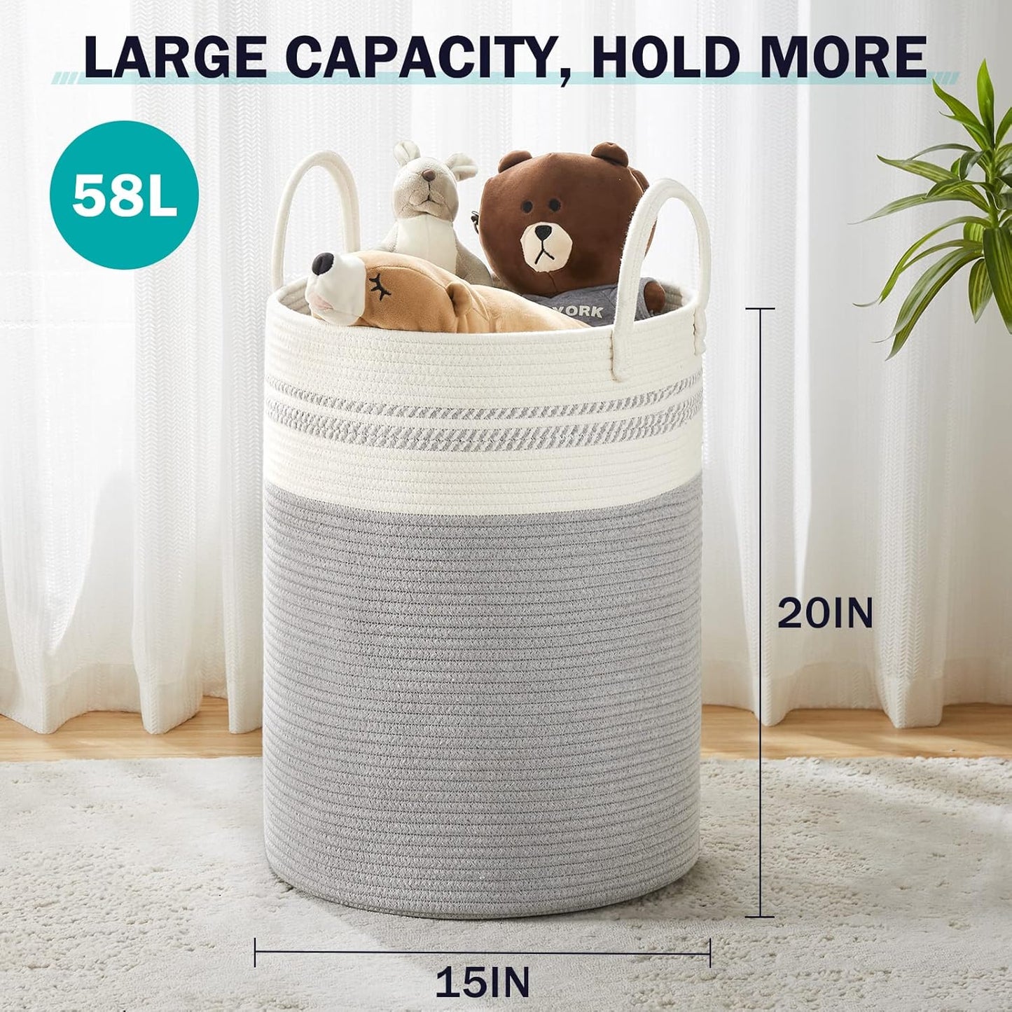 YOUDENOVA Woven Rope Laundry Hamper Basket, 58L Tall Luandry Basket, Baby Nursery Hamper for Blanket Storage, Clothes Hamper for Laundry in Bedroom-Grey