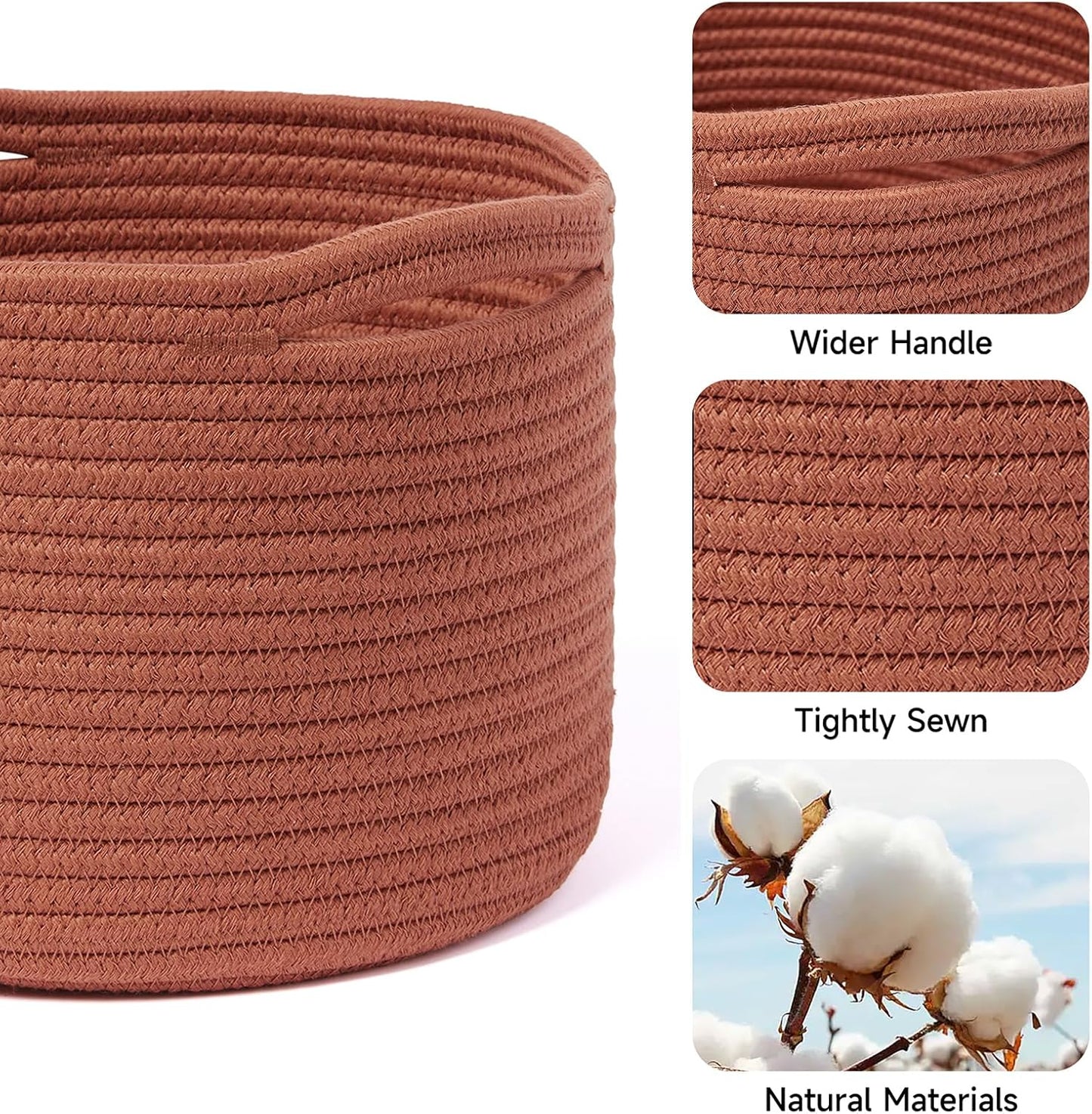 Small Basket for Organizing | Cube Shelf Closet Storage Baskets | 9.7×9.7×7.1” | Woven Rope Gift Basket | Nursery | Round 3 Packs Oxide Red