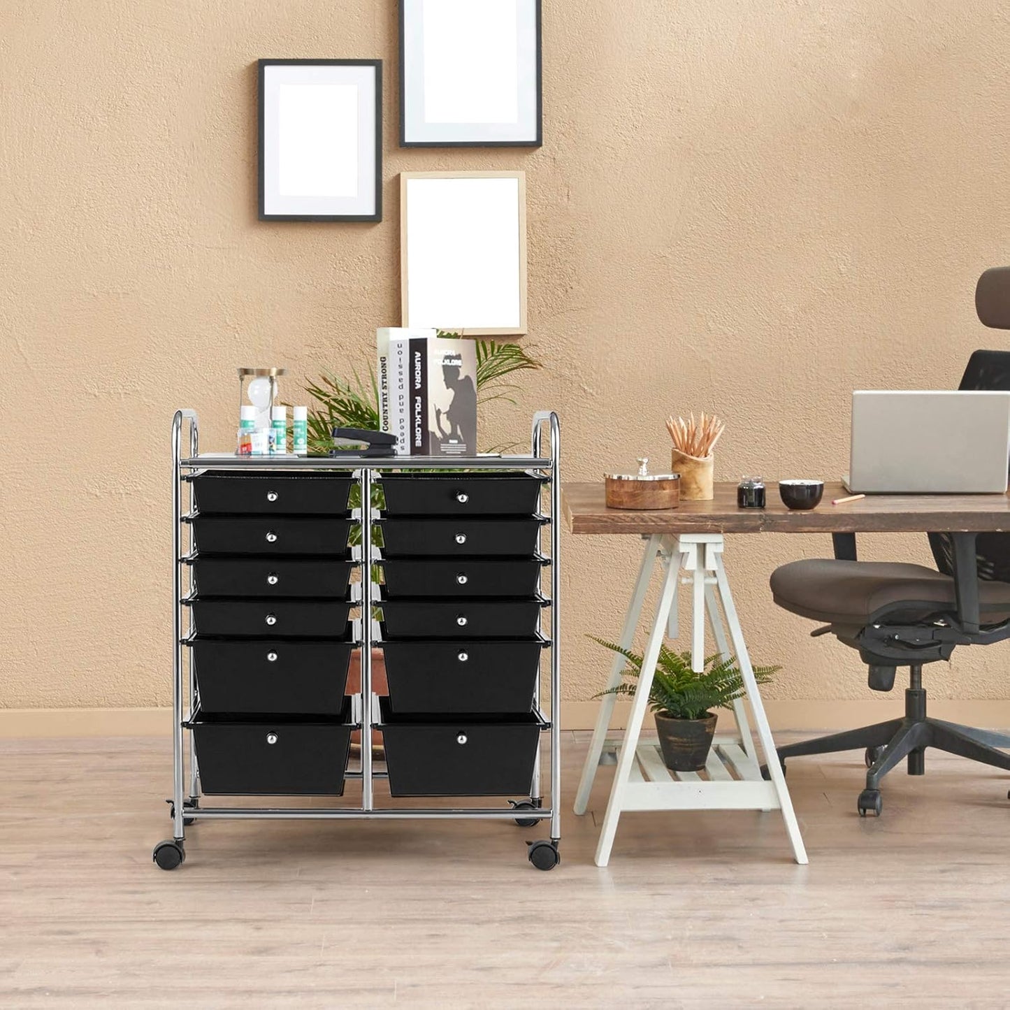 GOFLAME 12-Drawer Rolling Storage Cart, Multipurpose Organizer Cart with 2 Sizes Plastic Drawers, Mobile Utility Cart with Lockable Casters for School, Home Office, Beauty Salon, Black