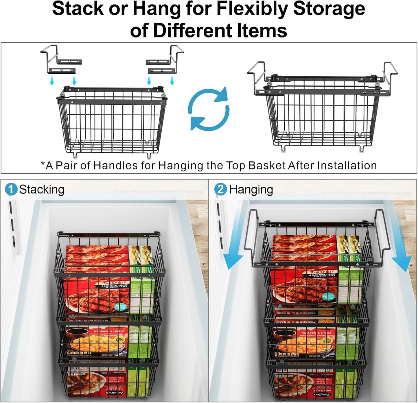 iSPECLE Freezer Organizer Bins - 1 Pc Hanging Basket & 2 Pcs Adjustable Wider & Deeper Chest Freezer Organizer Bins for 5 to 9 Cu Ft, Extra Large & Easy Organize Stackable Basket Store More, Black