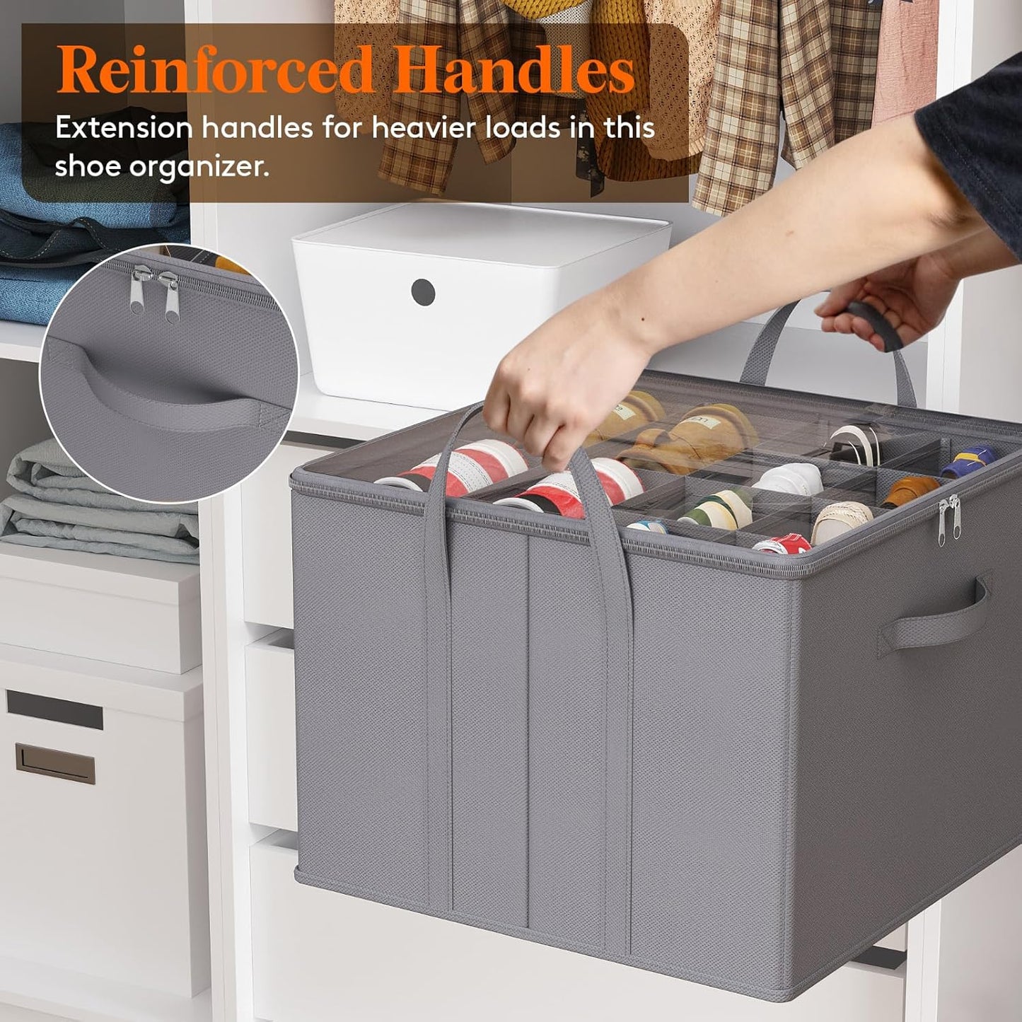 Lifewit Shoe Storage Organizer for Closet Fits 12-16 Pairs, Fabric Large Shoe Box Storage Containers with Clear Cover, Foldable Bins Fit for Boots Heels Sneakers 17"(L) x 17"(W) x 12.5"(H) 3 Pack Gray