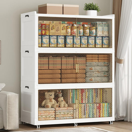 150GAL Extra Large Storage Bins with Lid, 600QT Collapsible Organizer with Wheels, Stackable Closet Cabinet with Doors, Folding Storage Containers for Home, Office, Dorm, 3Pack White