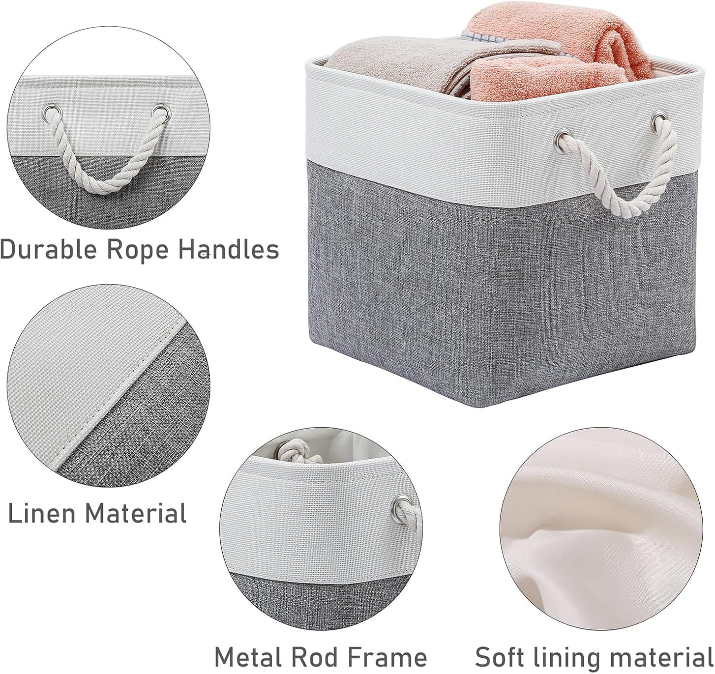 12 x 12 Inch Cube Storage Bins, 6 Pack Large Collapsible Fabric Storage Bin with Ropes, Foldable Storage Cubes for Home, Office,Closet, Clothes, Toys Organizer (White & Grey)