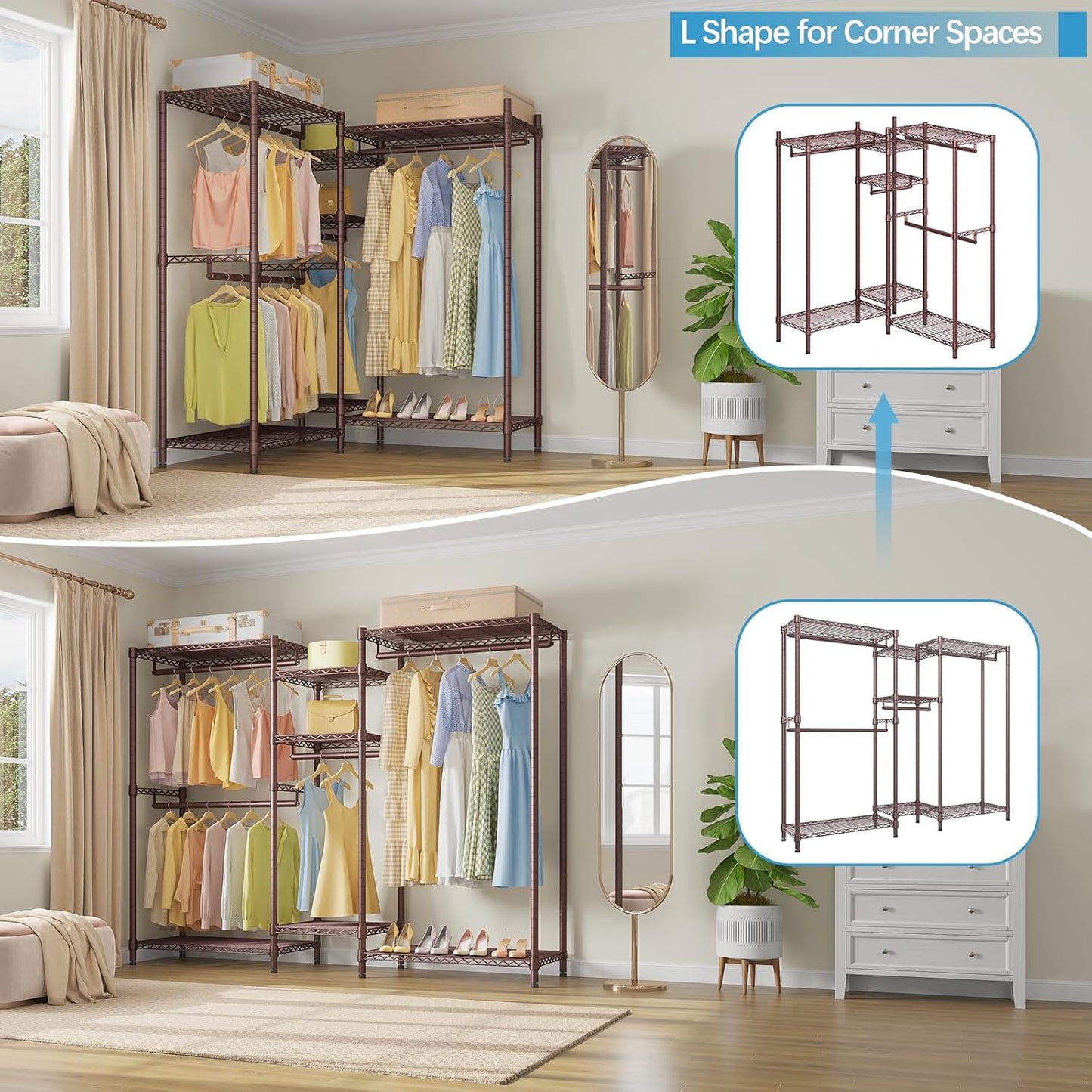 VIPEK Classic V6 Wire Garment Rack Heavy Duty Clothes Rack for Hanging Clothes, 5 Tiers Freestanding Closet Rack Large Size Metal Clothing Rack with 7 Shelves & 4 Hanging Rods, Max Load 850LBS, Bronze