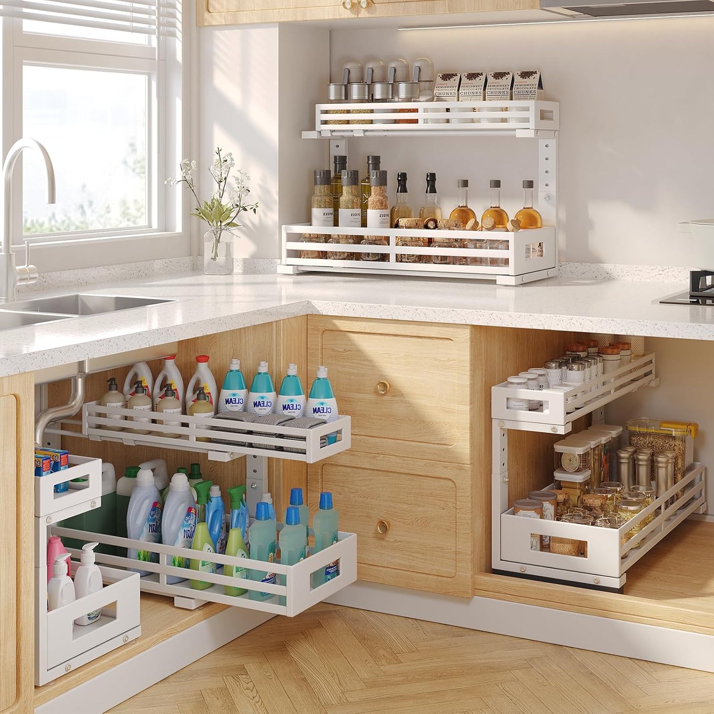 2-Pack 20.47"Deep Under Sink Organizer And Storage,2-Tier L-Shaped Pull Out Cabinet Organizer with Upgraded Slide Rails,Height Adjustable Drawers for Kitchen&Bathroom,Extra-Large Storage Shelves–Gray