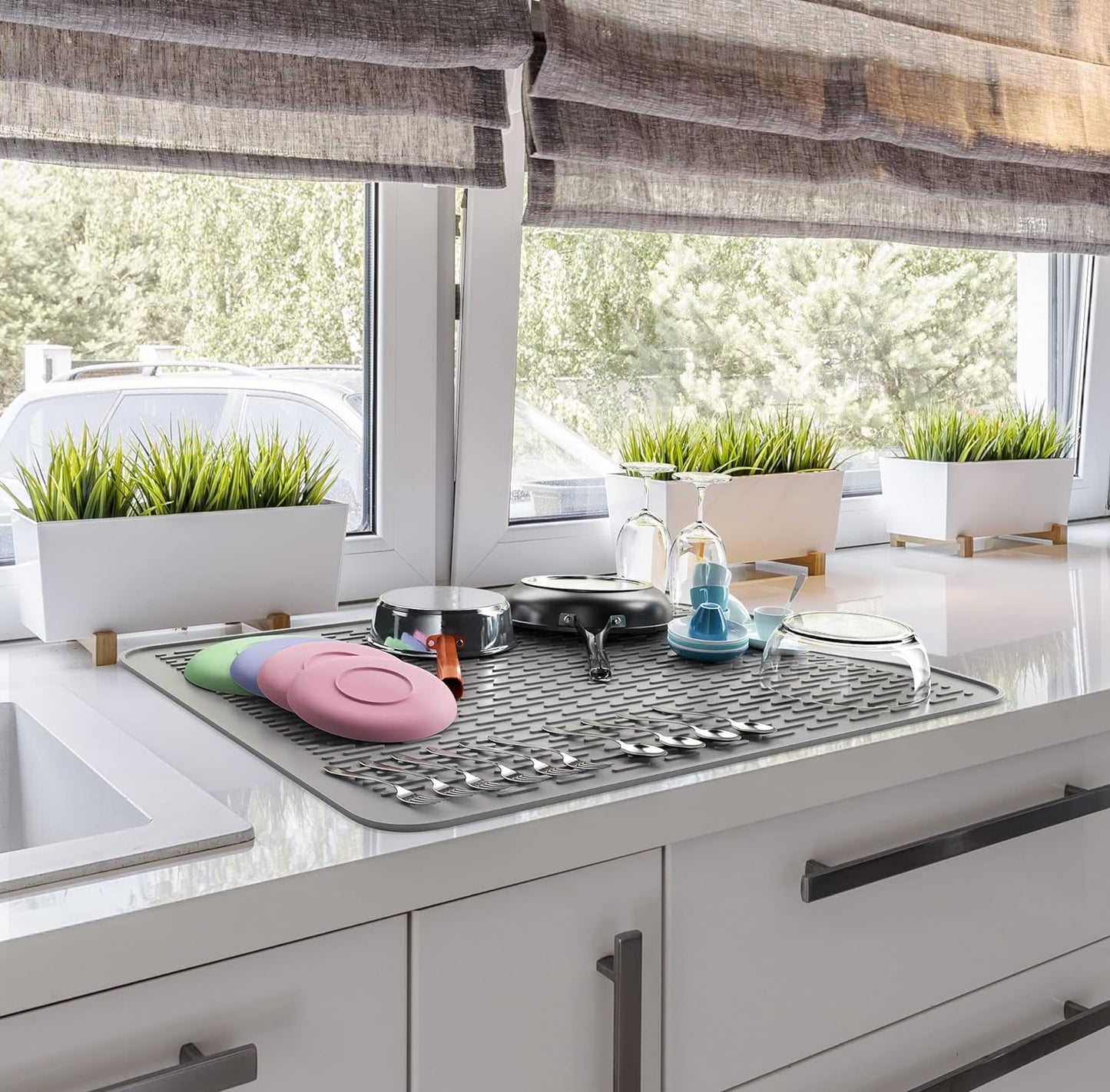 Monster Mat Extra Large Silicone Dish Drying Mat (30"x24") – Heavy Duty & Fast-Drying Silicone Mat - Non-Slip XL Dish Drying Mat For Kitchen Counter - Gray