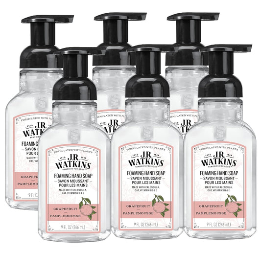 J.R. Watkins Foaming Hand Soap Pump with Dispenser, Moisturizing All Natural Hand Soap Foam, Alcohol-Free, Cruelty-Free, USA Made, Use as Kitchen or Bathroom Soap, Grapefruit, 9 fl oz, 6 Pack