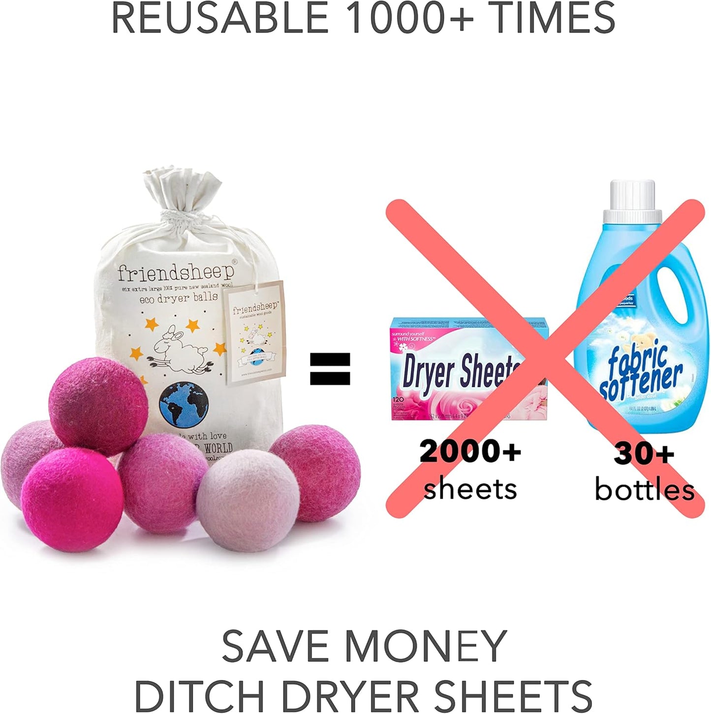 Friendsheep Wool Dryer Balls 6 Pack XL Organic Premium Reusable Cruelty Free Handmade Fair Trade No Lint Fabric Softener - Pink Valentine
