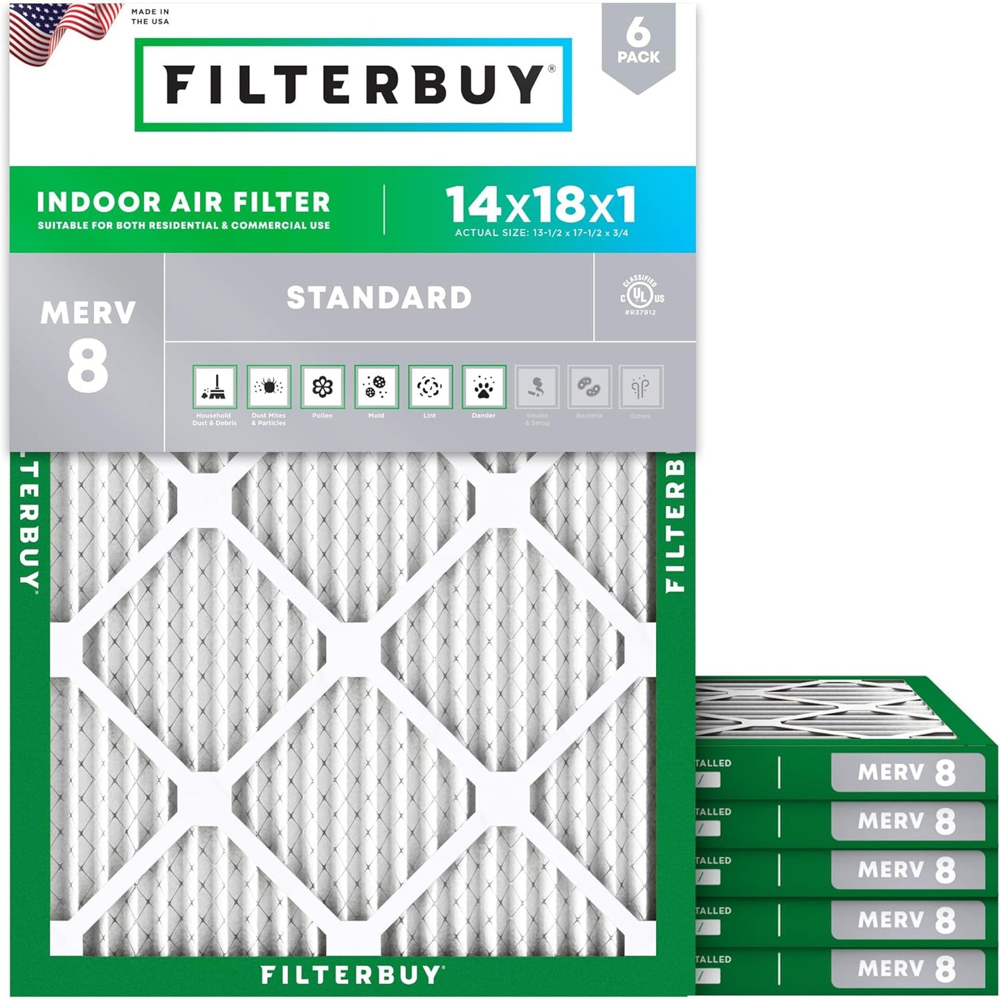 Filterbuy 14x18x1 Air Filter MERV 8 (MPR 700) Dust Defense Replacement (6-Pack), Electrostatic Pleated HVAC AC Furnace Filters, Made in USA (Actual Size: 13.50 x 17.50 x 0.75)