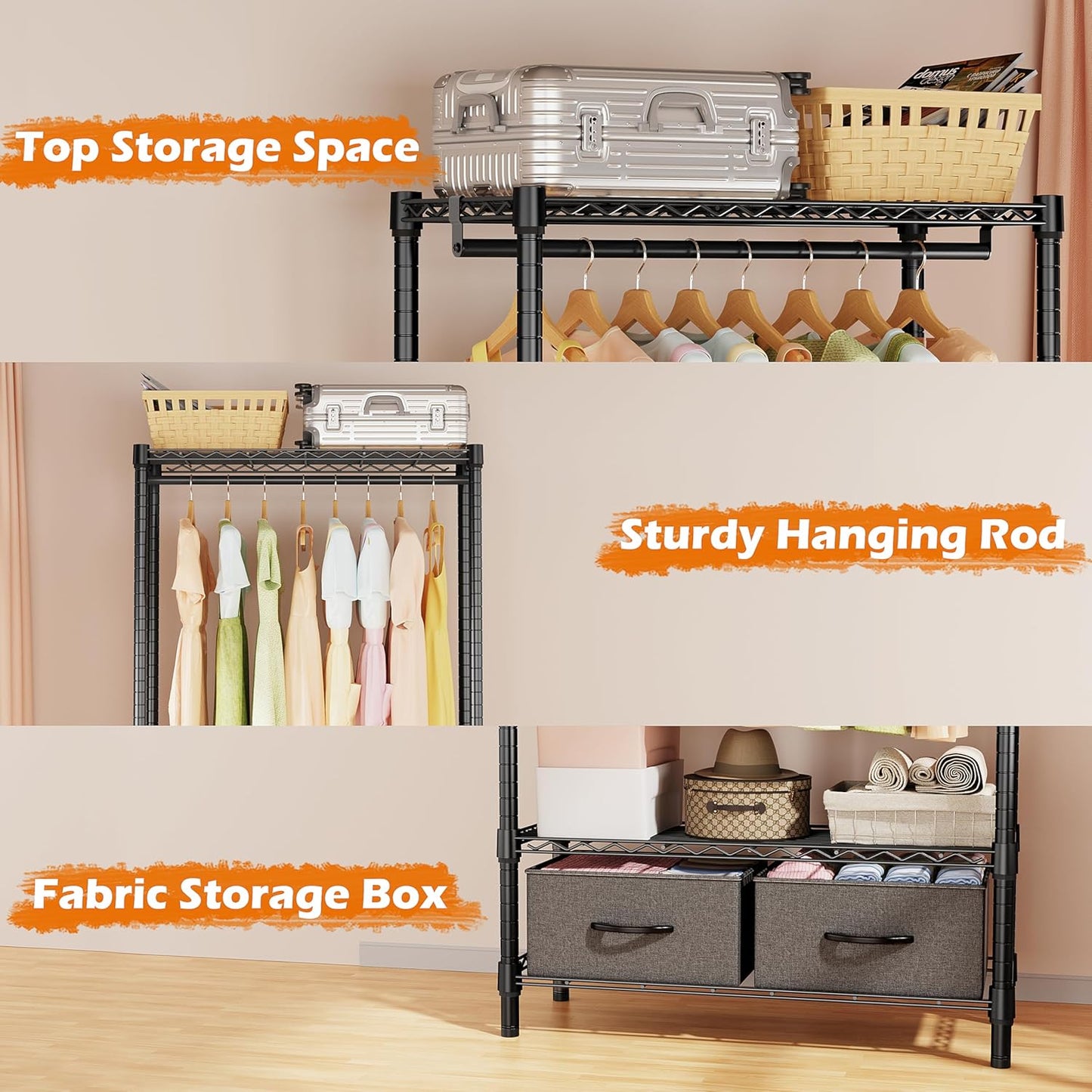 Heavy Duty Rolling Garment Rack 3 Tiers Adjustable Wire Shelving with Rod, Storage Closet Clothing Rack with Drawers Dark Grey, 15.8" D x 35.5" W x 72.4" H