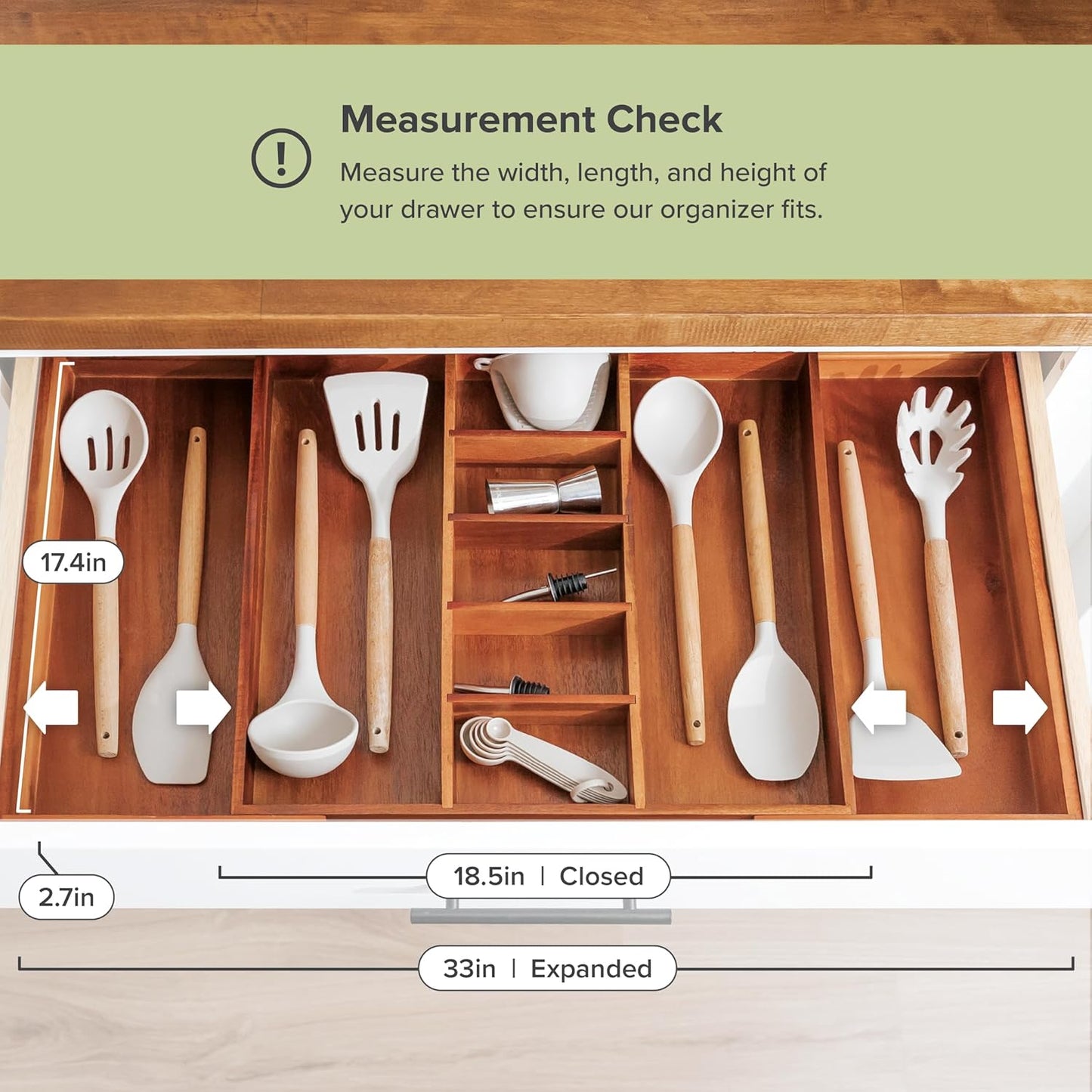 KitchenEdge Adjustable Kitchen Drawer Organizer for Utensils and Junk, Food-Safe Contract Grade with 100% Sustainable Wood, Non-Slip, Expandable from 18.5 to 33 Inches Wide - Natural Acacia