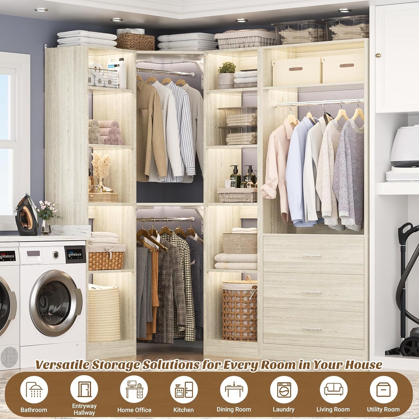 Corner Closet System with 3 Drawers, Corner Closet Organizer System with 13 Shelves & 3 Hanging Rods, 63.2"L * 39.2"W Reversible L Shaped Walk-in Closets, Load 2000+LBS, White Oak