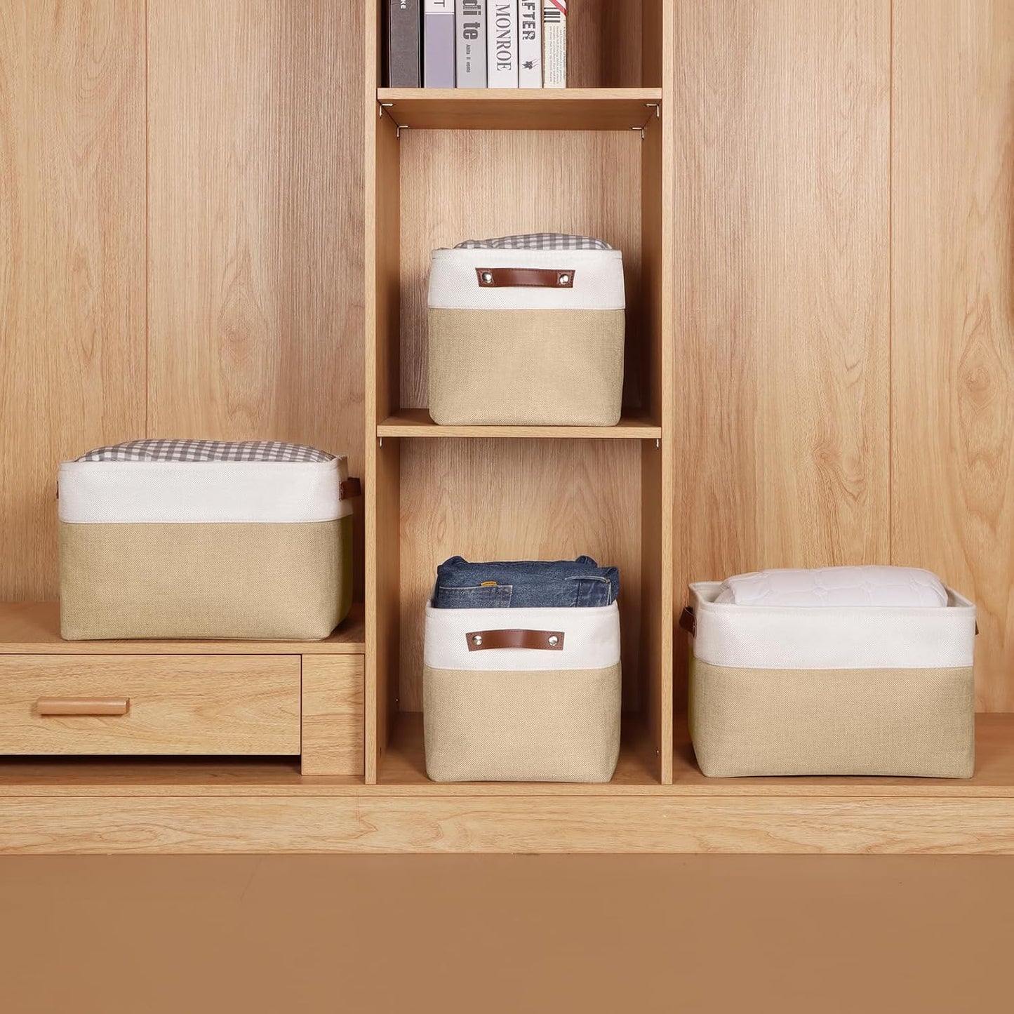 Univivi 15 inch Storage Baskets for Shelves with Handles Hard Bottom Closet Organizer Fabric Bins Large Organizer Basket for Closet Organizing (Khaki- 4 Pack )