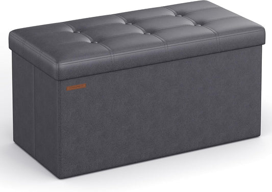 SONGMICS Mazie Collection - 30 Inches Folding Storage Ottoman Bench, Ottoman with Storage, Foot Rest Stool, Load 660 lb, for Living Room, Synthetic Leather, Dark Gray ULSF040G01