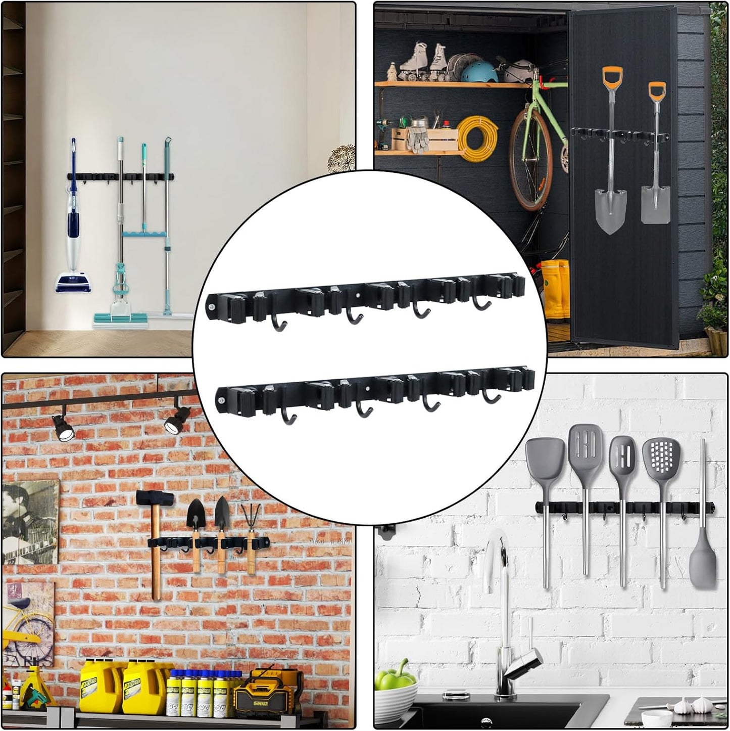 Broom and Mop Holder Wall Mount - 5 Slots and 4 Hooks Stainless Steel Mop and Garden Tool Storage Rack for Bathroom, Kitchen, Garage, Outdoor （2Pcs