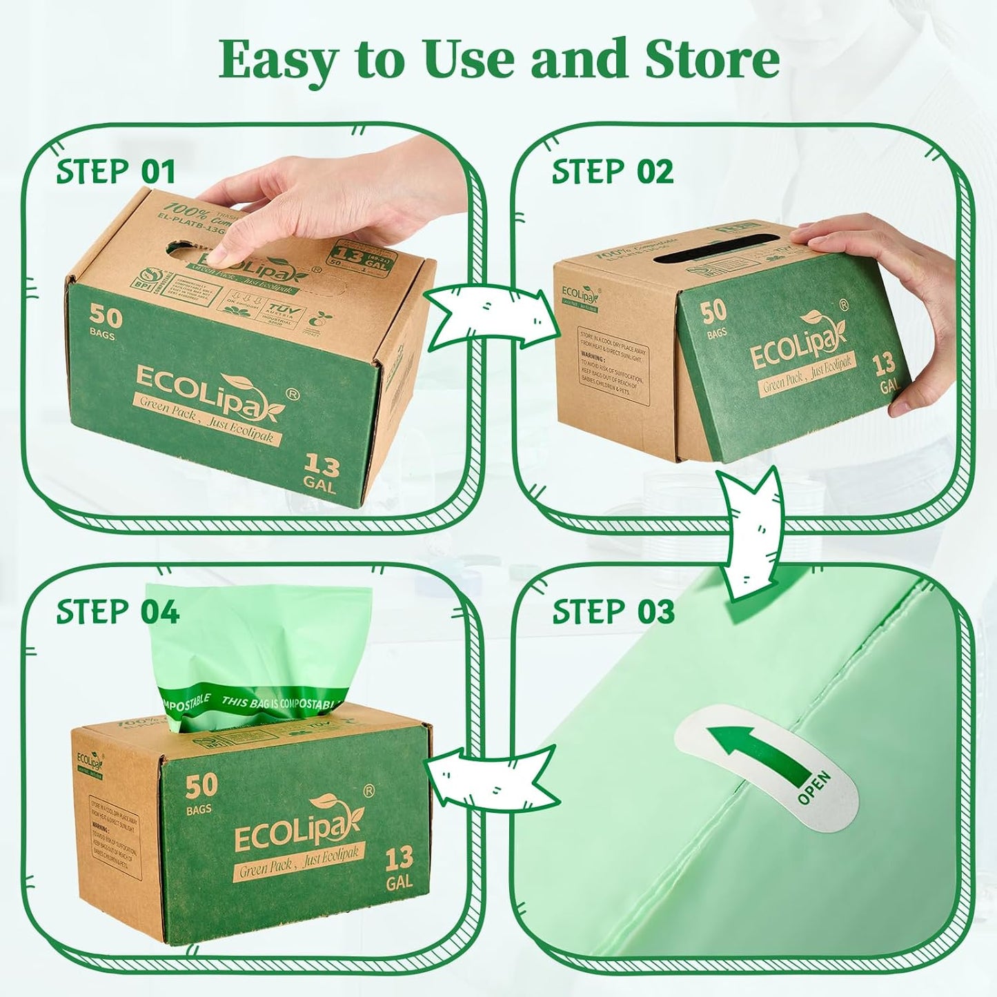 ECOLipak 13 Gallon Compostable Trash Garbage Bags, 50 Count (1 Roll) Biodegradable Heavy Duty Bathroom Kitchen Trash Bags for Home/Office, US BPI ASTM D6400 and OK Compost Home Certified