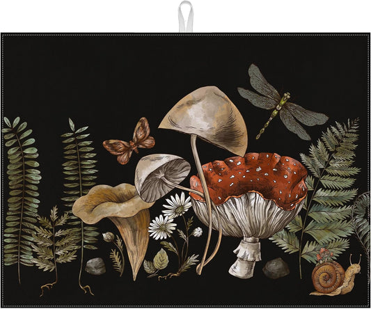 Vintage Mushroom Dish Drying Mat for Kitchen Counter Microfiber Absorbent Dish Kitchen Drying Mat Draining Reusable Washable for Dishes/Utensils/Counterto