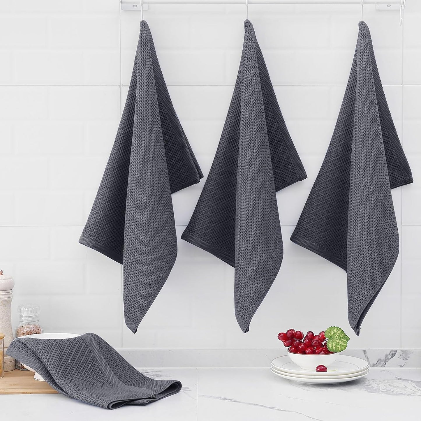 Homaxy 100% Cotton Oversized Waffle Weave Kitchen Dish Towels, Ultra Soft Absorbent Quick Drying Cleaning Towel, 20 x 28 Inches, 8-Pack, Dark Grey