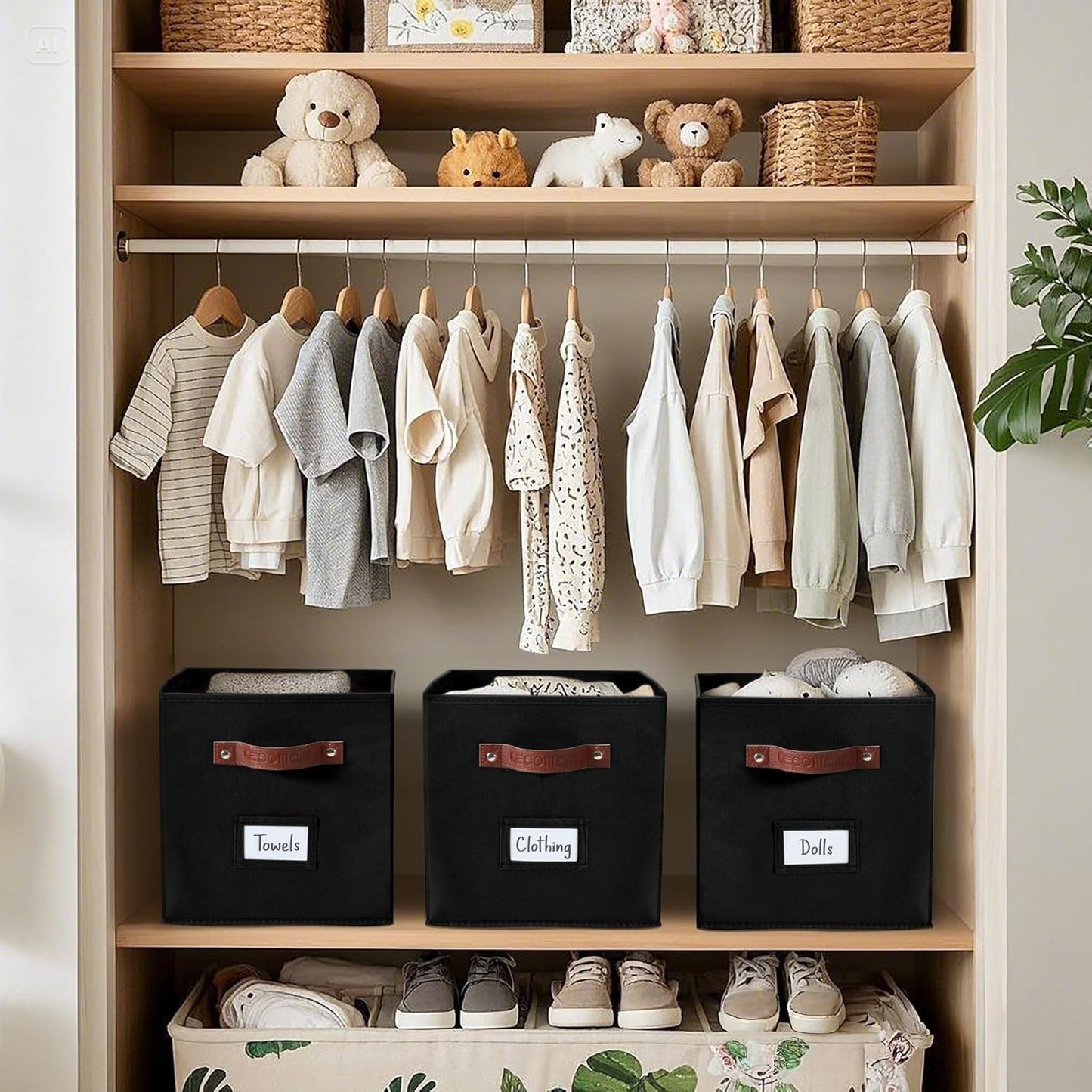 DECOMOMO Storage Baskets, 13x15x13 Storage Cube Bins with Labels for Organizing Shelves Kallax (Kallax / 4pcs, Black)