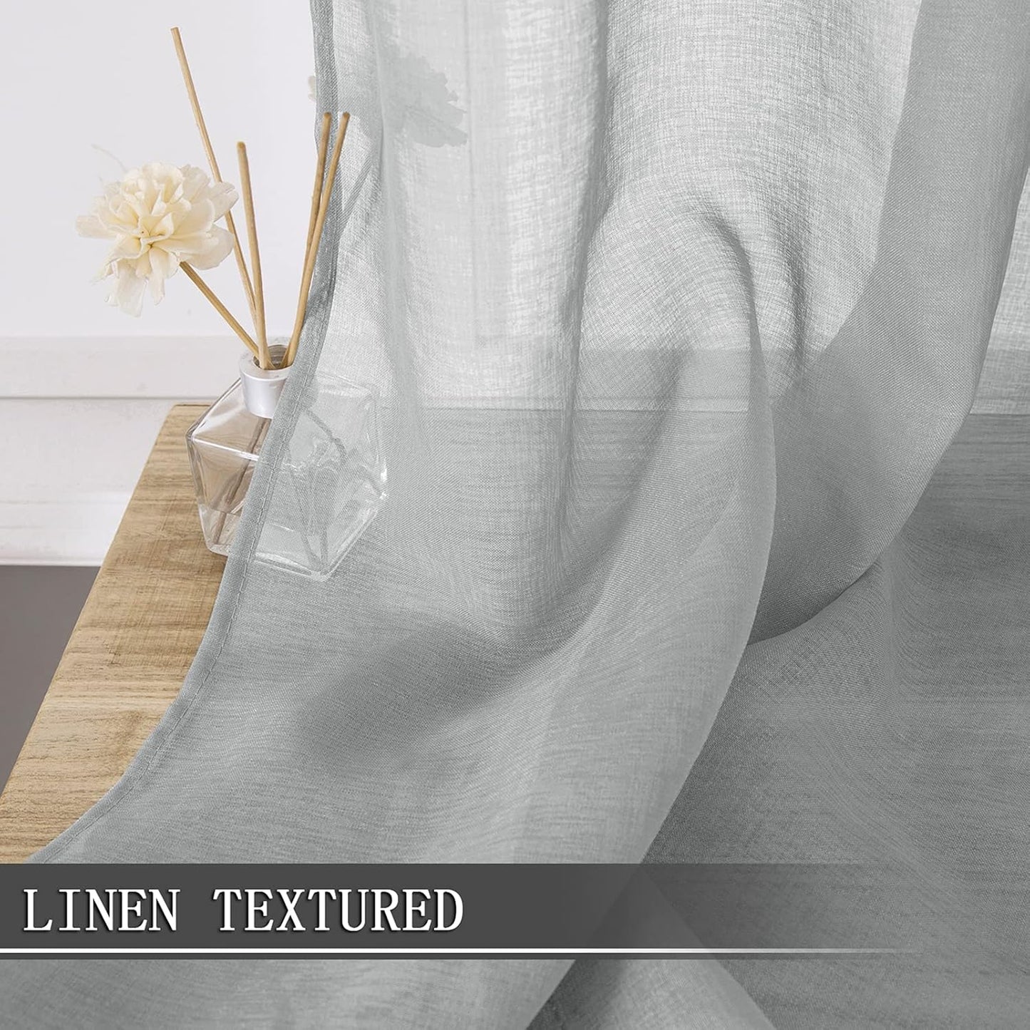 Tollpiz Short Sheer Curtain Linen Textured Bedroom Curtains Sheer Light Filtering Rod Pocket Voile Curtain for Living Room, 54 x 54 inches Long, Silver Grey, Set of 2 Panels