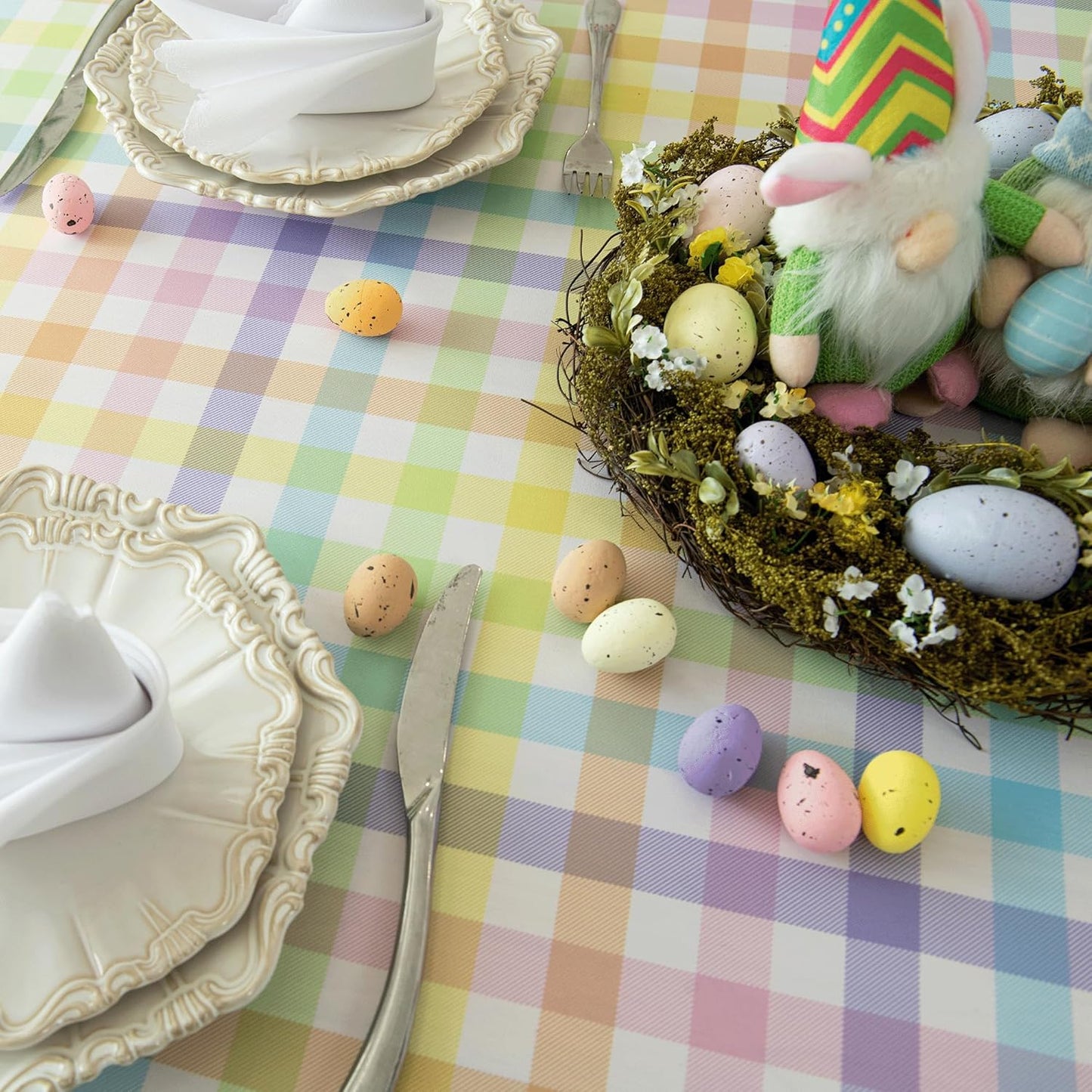 Waterproof Plaid Easter Tablecloth Fabric - Spring Square 58x58 Inch Classic Gingham Checker Holiday Table Cloth for Indoor Outdoor Use - Table Cover for Picnics, BBQs, and Parties