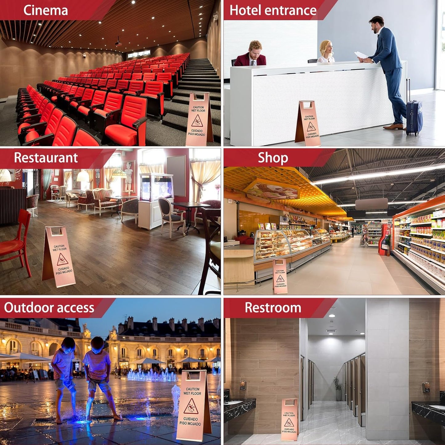 Kigley 2 Pcs Wet Floor Sign, 24 Inch Stainless Steel Caution Wet Floor Sign Double Sided Portable Foldable Bilingual Safety Warning for Hotel Market Restroom Restaurant Office (Rose Gold)