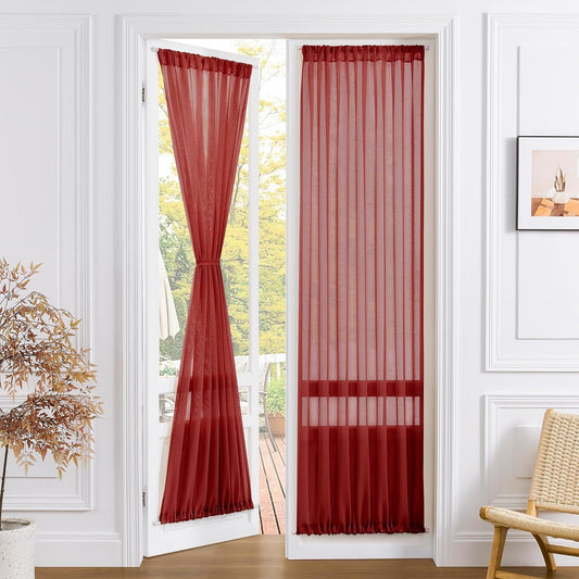 Tollpiz Sheer Door Curtain Closet Linen Textured Curtains Sheer Doorway Light Filtering Voile Patio Glass Door Rod Pocket Curtain French Door, 54 x 72 inches Long, Burgundy Red, Set of 1 Panel