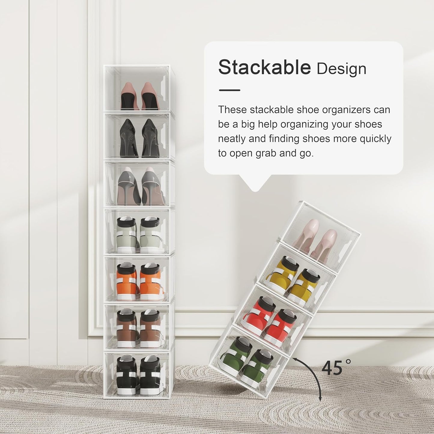 Shoe Storage Boxes Fit Size 13, White Plastic Stackable Shoe Organizer for Closet, Shoe Rack & Holder Sneaker Container, Thicken & Sturdy 6-Sided Hard Clear White 6 Pack