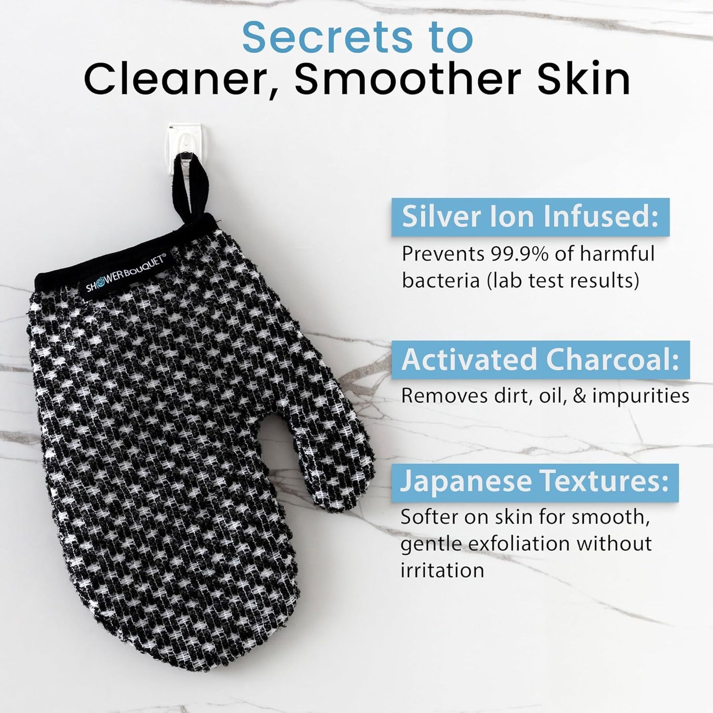 Japanese Exfoliating Mitt 2-Pack - Charcoal & Silver Ion Exfoliating Gloves for Shower - Soft Inner Fabric Gentle Exfoliation & Deep Cleansing Body Scrub Gloves for All Skin Types - 2 White