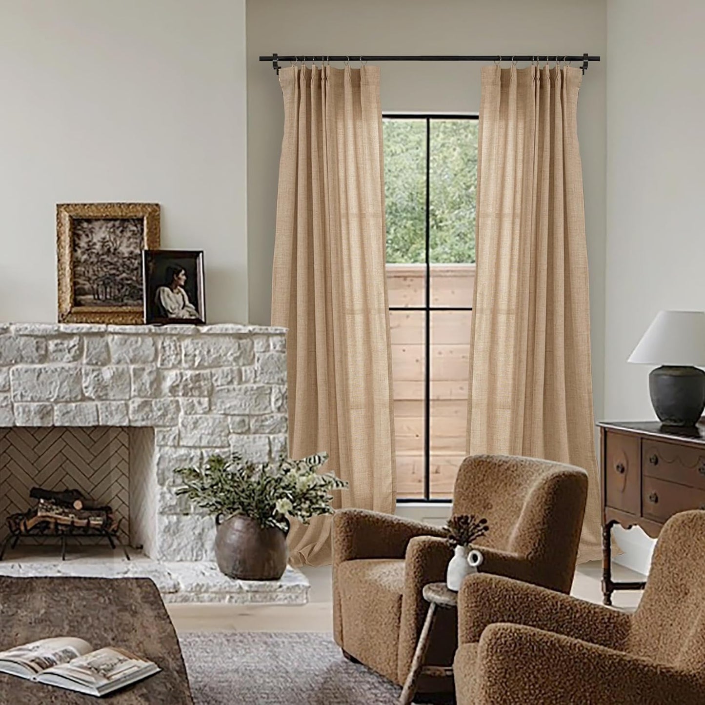 YoungsTex Burlap Linen Semi Sheer Curtains 84 Inch Length for Living Room, Toffee Light Filtering Window Treatments Natural Rustic for Farmhouse Bedroom, 2 Panels, 40 X 84 Inch