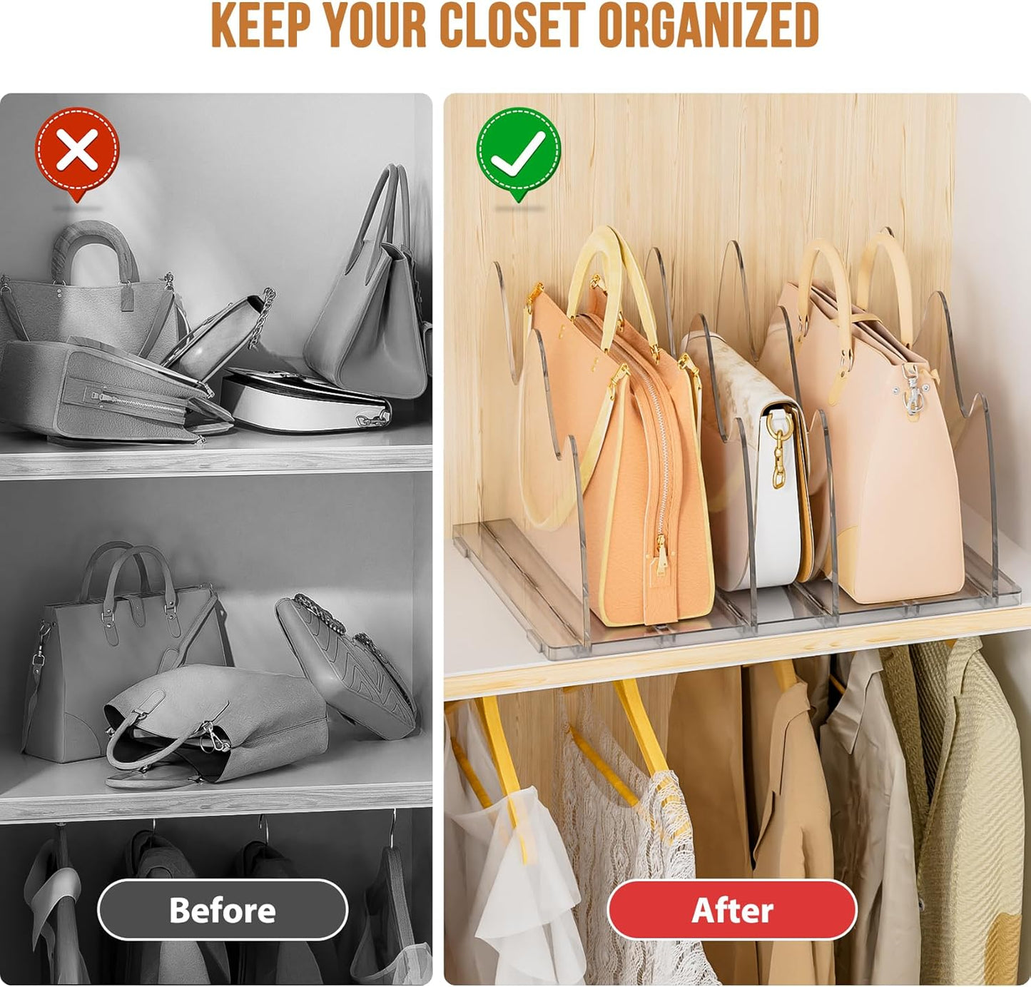 Bag & Purse Organizer for Closet, 2 Pack Adjustable Clear Handbag Storage Holder, Acrylic Shelf Dividers for Closet Organizers and Storage - Keep Carteras & Pocketbook Upright