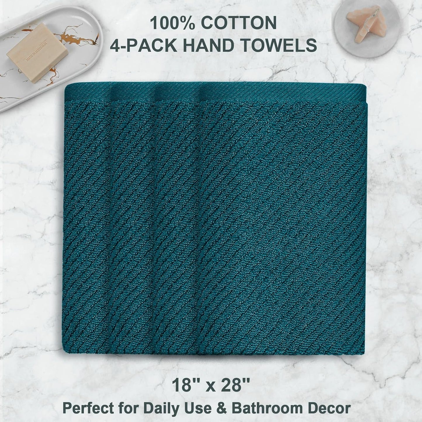 VOOVA & MOVAS Bathroom Hand Towels - 4PC Large 18" x 28", 100% Cotton | Lightweight | Thick | Quick Dry | Soft | Absorbent, Hand Towels for Showering, Bathroom Essentials, Deep Turquoise