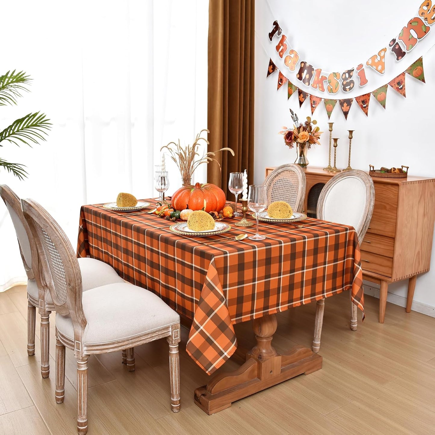 Waterproof Checkered Tablecloth Fabric - Rectangle 58x84 Inch Fall Themed Thanksgiving Day Table Cloth for Indoor/Outdoor Use - Harvest Table Cover for Kitchen, BBQs, Halloween