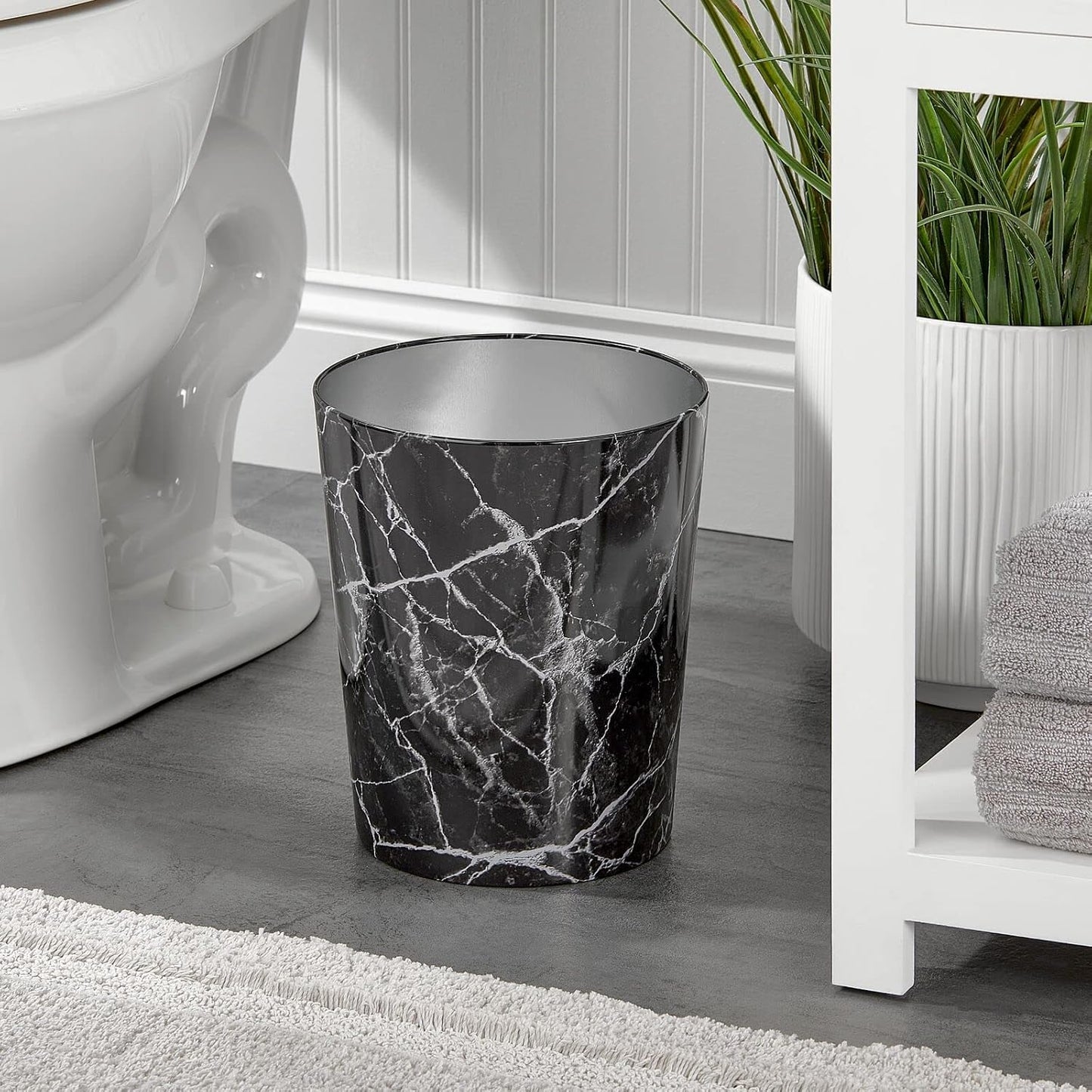 mDesign Round Metal Small 1.7 Gallon Recycle Trash Can Wastebasket, Garbage Container Bin for Bathrooms, Kitchen, Bedroom, Home Office - Durable Stainless Steel - Mirri Collection - Black Marble
