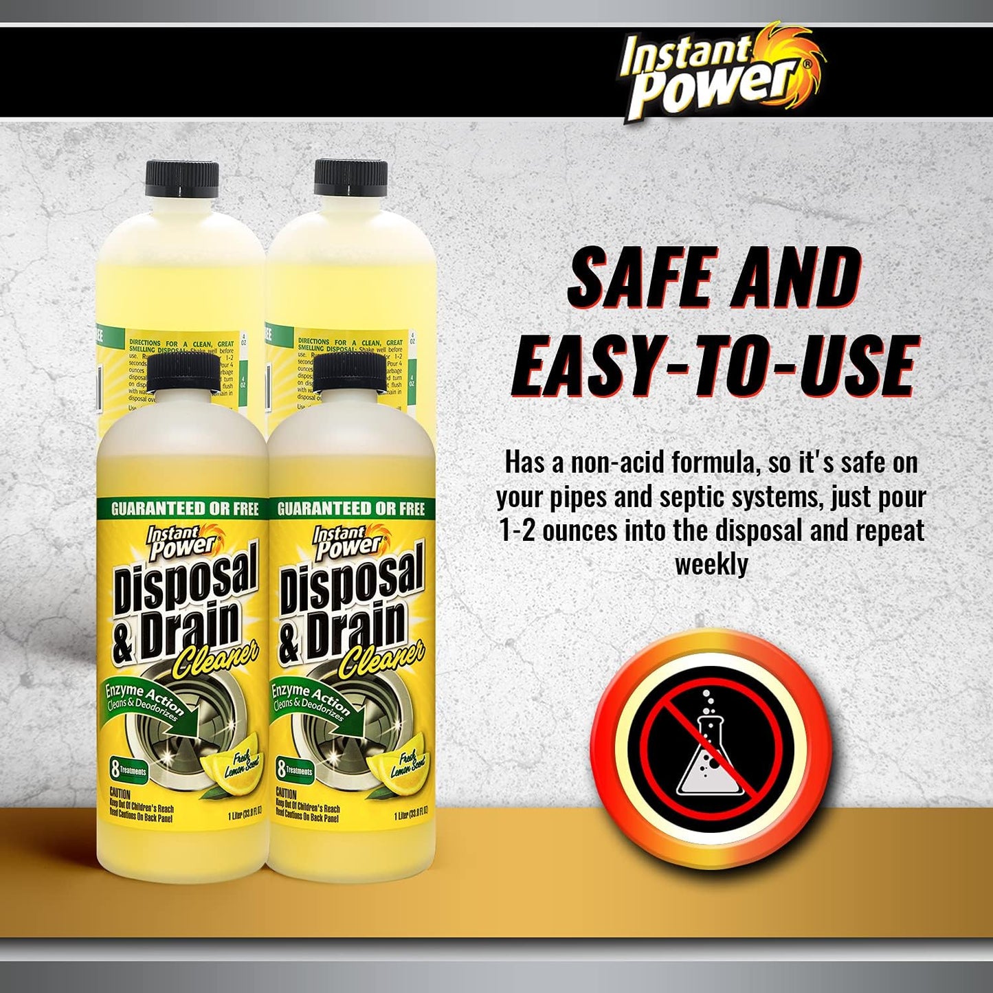 Instant Power Disposal and Drain Cleaner – Liquid Enzyme Clog Remover, Cleans and Deodorizes, Removes Drain Blockages, Fresh Lemon Scent 33.8 Fl oz, 1 Liter 4 Pack