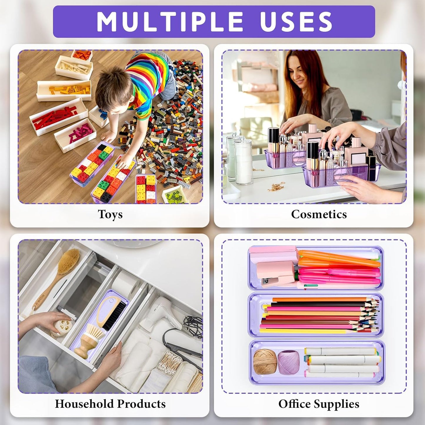 Maitys 12 Pcs Vanity Drawer Organizer 9 x 3 x 2 Inches Clear Plastic Utensil Organizers Kitchen Drawers Dividers for Office Desk Silverware Kitchen Utensils Cosmetics and Bathrooms(Purple)