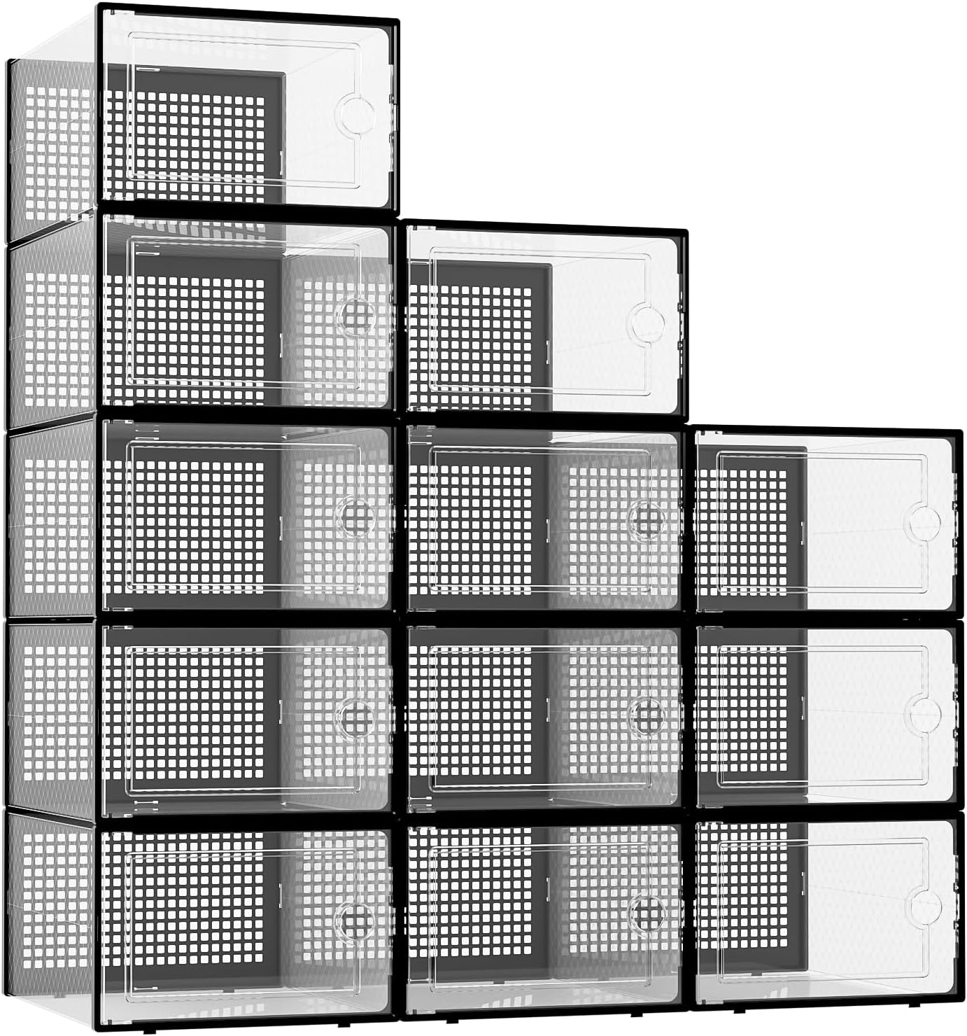 Kuject XX-Large Shoe Storage Boxes Organizers Clear Plastic Stackable 12 Pack, Shoe Rack & Holder Substitute, Sneaker Containers, Toy Storage Organizer Bins for Entryway, Closet, Under Bed, Black
