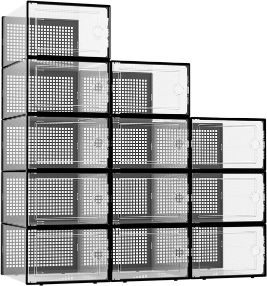 Kuject XX-Large Shoe Storage Boxes Organizers Clear Plastic Stackable 12 Pack, Shoe Rack & Holder Substitute, Sneaker Containers, Toy Storage Organizer Bins for Entryway, Closet, Under Bed, Black