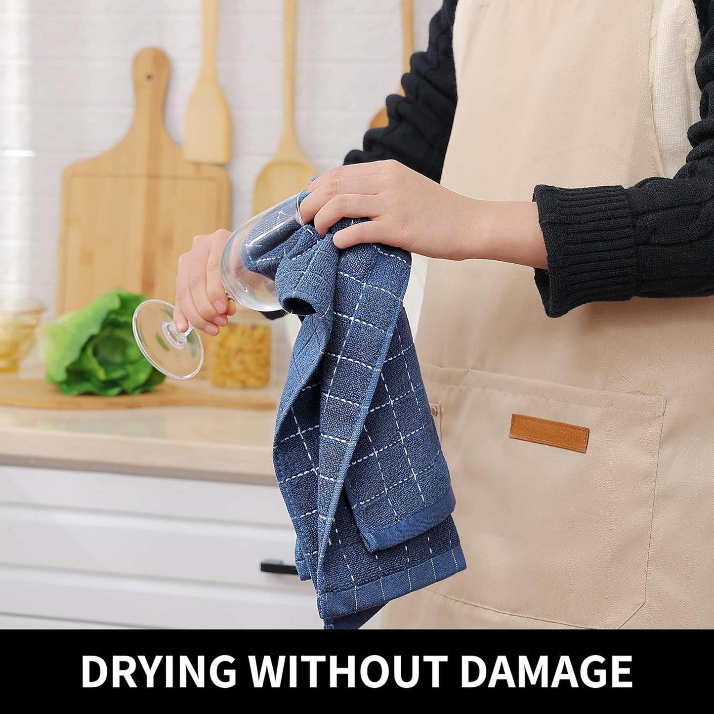 Homaxy 100% Cotton Terry Kitchen Towels(Navy Blue, 13 x 28 inches), Checkered Designed, Soft and Super Absorbent Dish Towels, 8 Pack