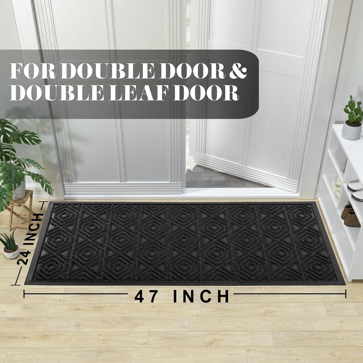 Yimobra Door Mat, Outdoor Indoor Entrance Welcome Mat, Heavy Entry Front Door Mat, Stain & Fade Resistant, Low Profile, Sturdy Rubber, Easy Clean Patio Floor Mat, Waterproof, 47 x 24, Black