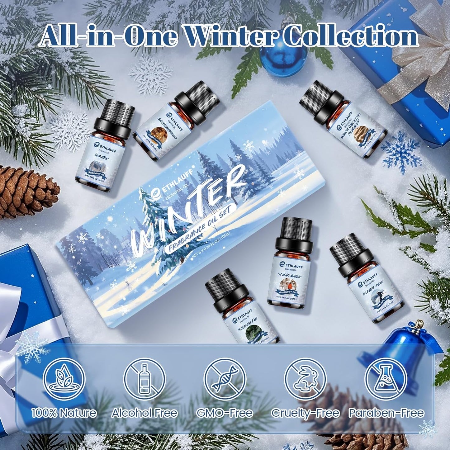 Essential Oils Set, Winter, Warm Woollen Blanket, Balsam Fir, Snow Walk, Sleigh Ride, Gingerbread