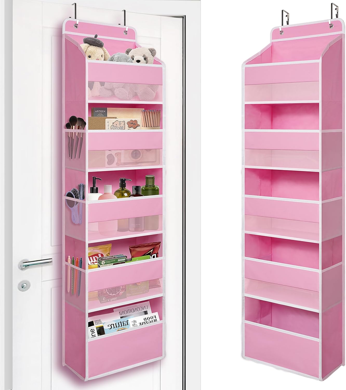 Over Door Organizer with 5 Large Pockets, Heavy Duty Hanging Organizer Storage, Closet Bathroom Nursery Bedroom Dorm, Toys Cosmetics Sundries and Baby Essentials, Pink