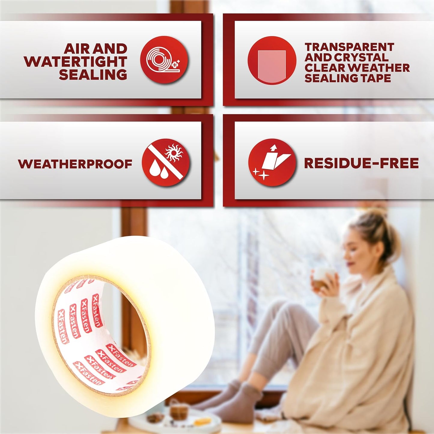 XFasten Window Sealing Tape for Winter 3” x 30 Yards RV Window Stripping for Winter | Heavy-Duty Transparent Weather Sealing Tape for Plastic Window Coverings for Winter, Residue-Free Weather Tape