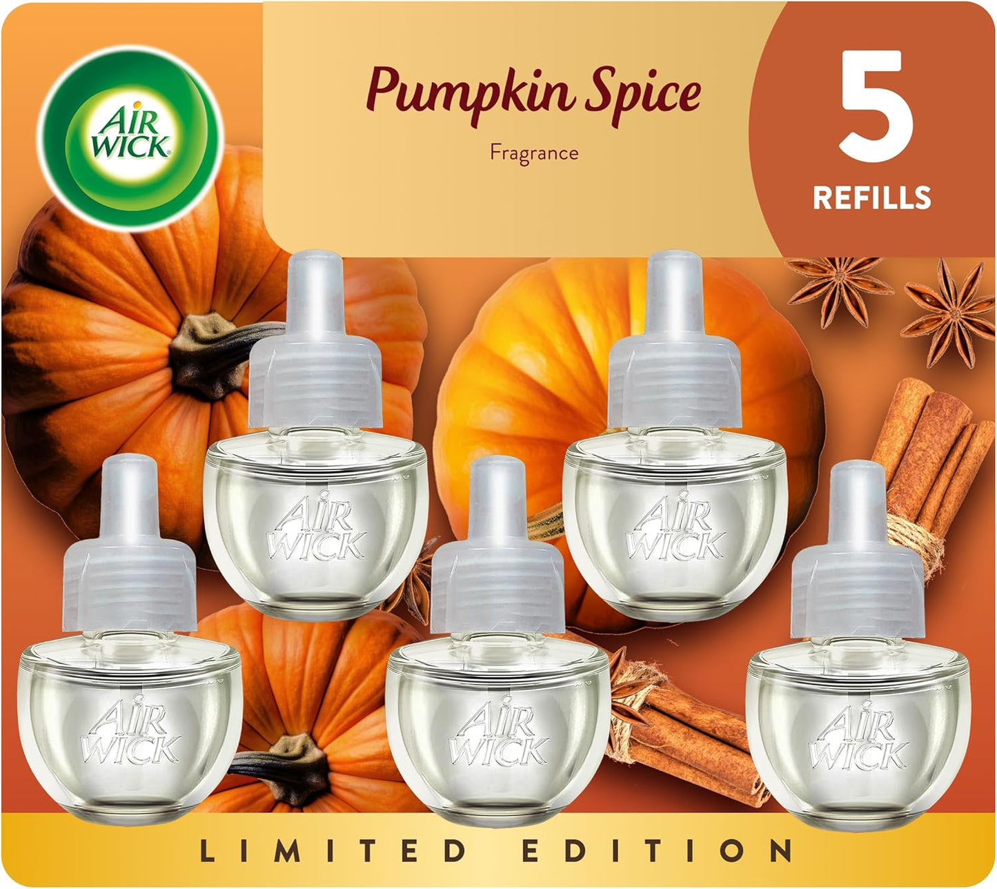 Air Wick Plug in Scented Oil Refill, 5 ct, Pumpkin Spice, Air Freshener, Essential Oils, Fall Scent, Fall Decor