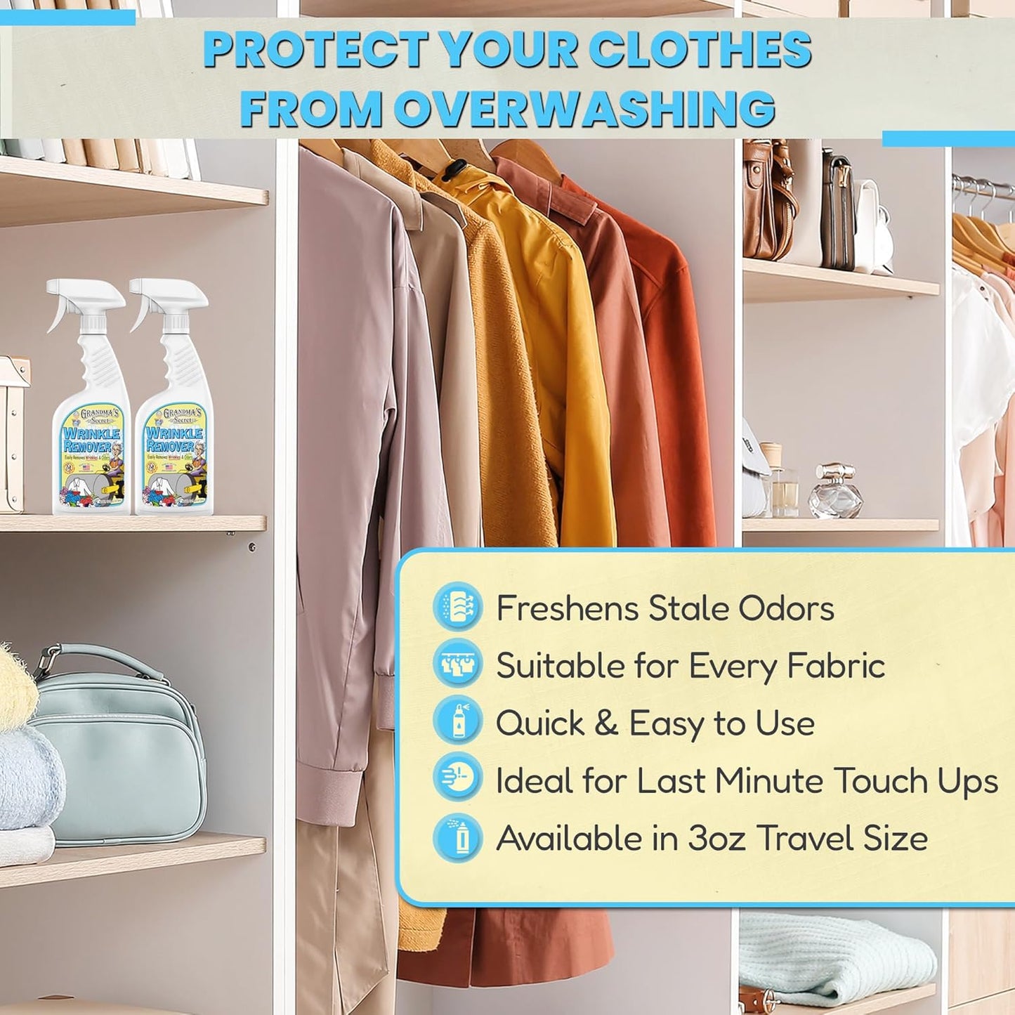 Grandma's Secret Wrinkle Remover Spray - Easily Removes Wrinkles & Odors - Wrinkle Release, Fabric Refresher Spray, Chlorine, Bleach and Toxin-Free - 16 Ounce