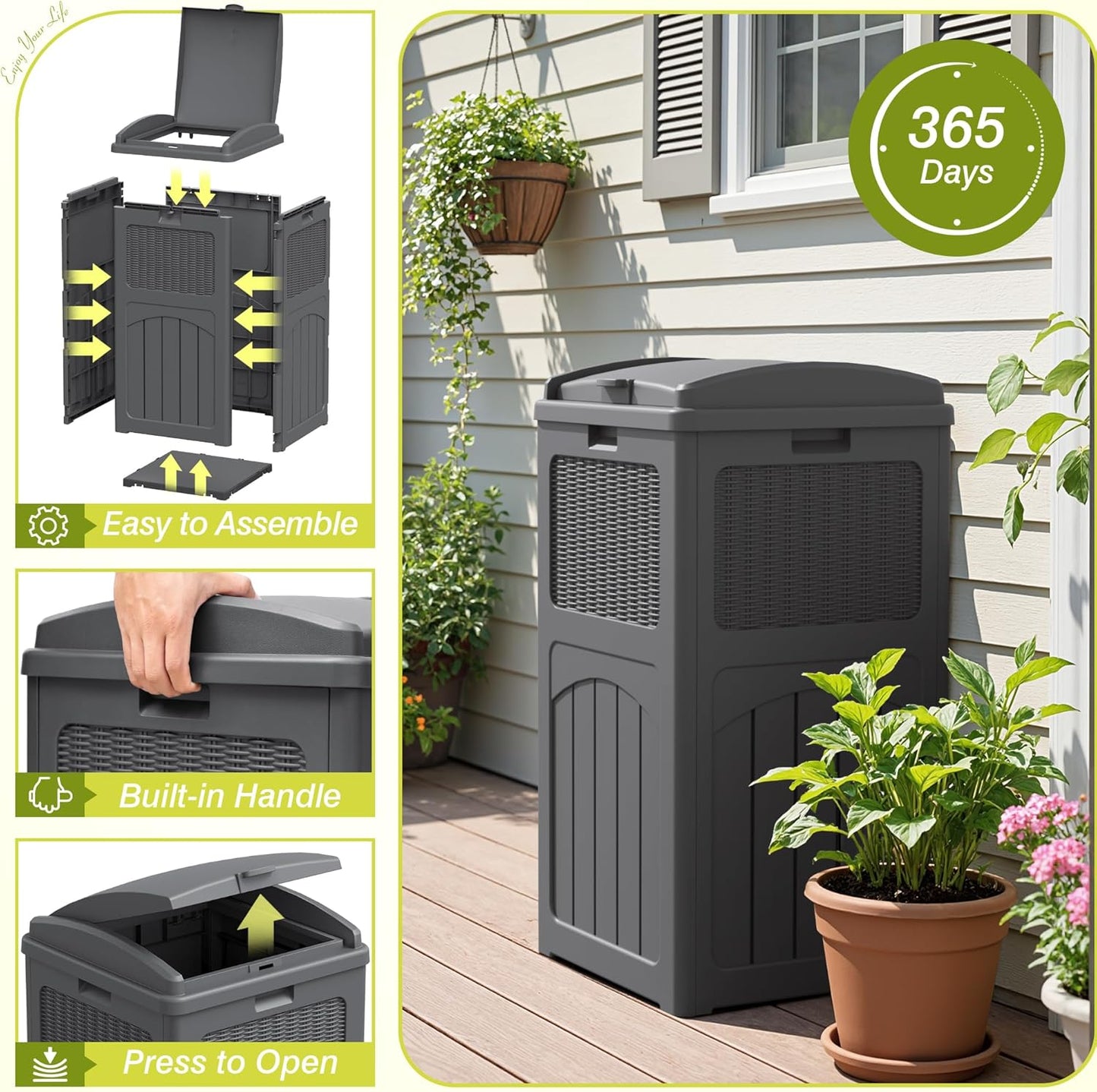 Greesum 33 Gallon Outdoor Trash Can with Lid, Waterproof Resin Garbage Bin for Hideaway, Deck, Patio, 4 Pack, Gray
