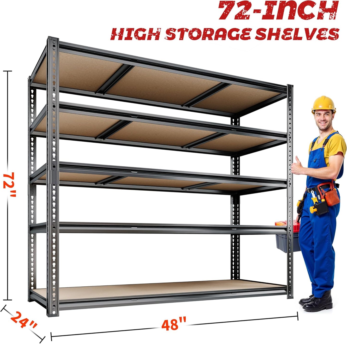 48"W Garage Shelving, 3050LBS Storage Shelves Heavy Duty, 5 Tier Metal Shelving Unit Adjustable Garage Shelves Heavy Duty Shelving for Warehouse,Commercial, Kitchen, 48" W × 24" D × 72" H, Black