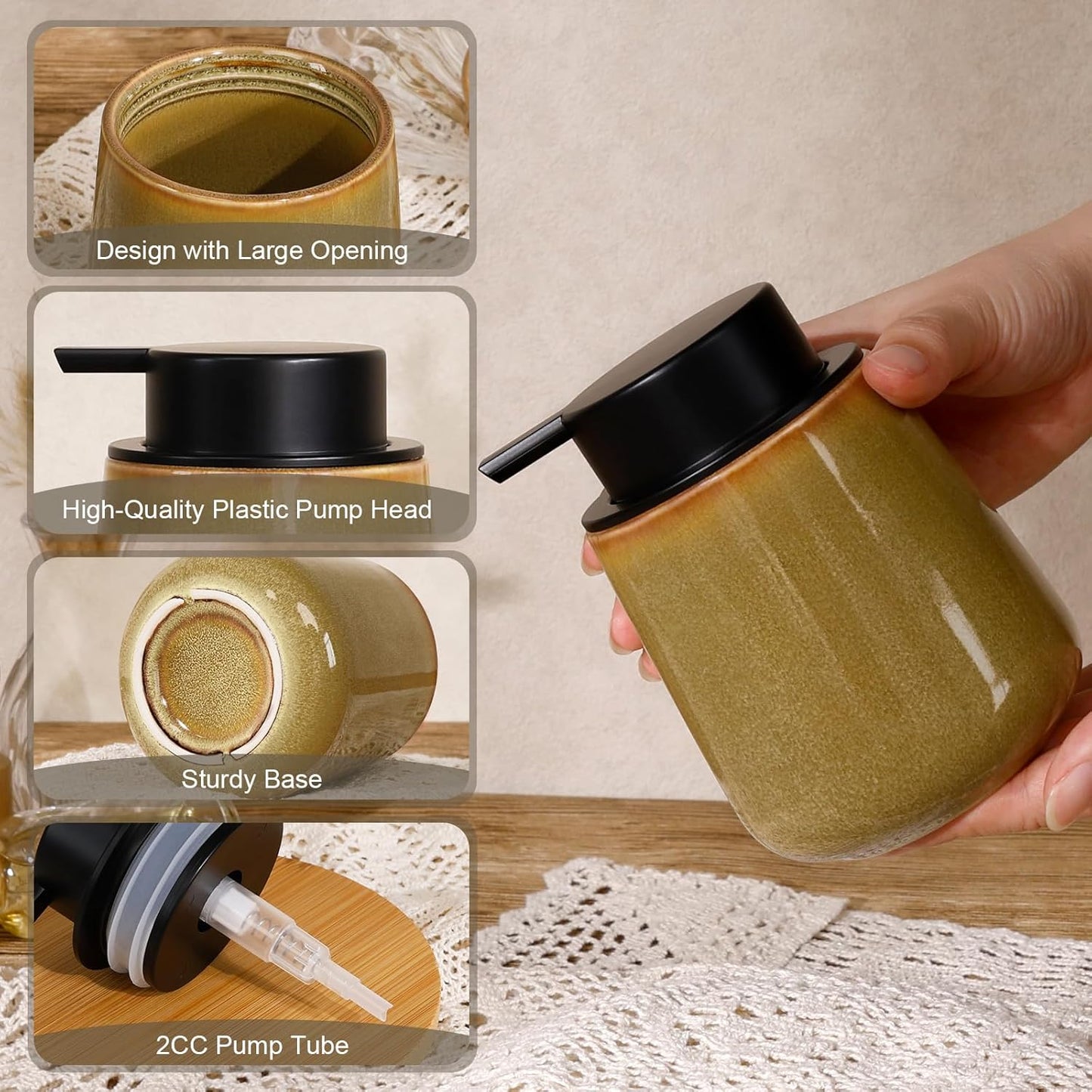 INGOFIN Ceramic Lotion Dispenser - 12 oz Refillable Hand Soap Dispenser Bathroom, Modern Liquid Soap Dispenser with Pump, Dish Dispenser for Kitchen,Kiln-Glazed Earthy Yellow