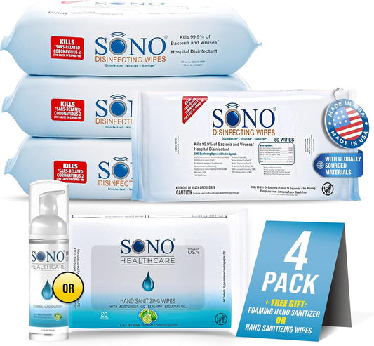 SONO Disinfecting Wipes - Antibacterial, No Alcohol & Bleach, Medical-Grade, All-Purpose - School, Household, Dorm, Salons, Spas, Wellness & Yoga Studios Cleaning Kit - 320 ct (pack of 4) w/Sanitizer